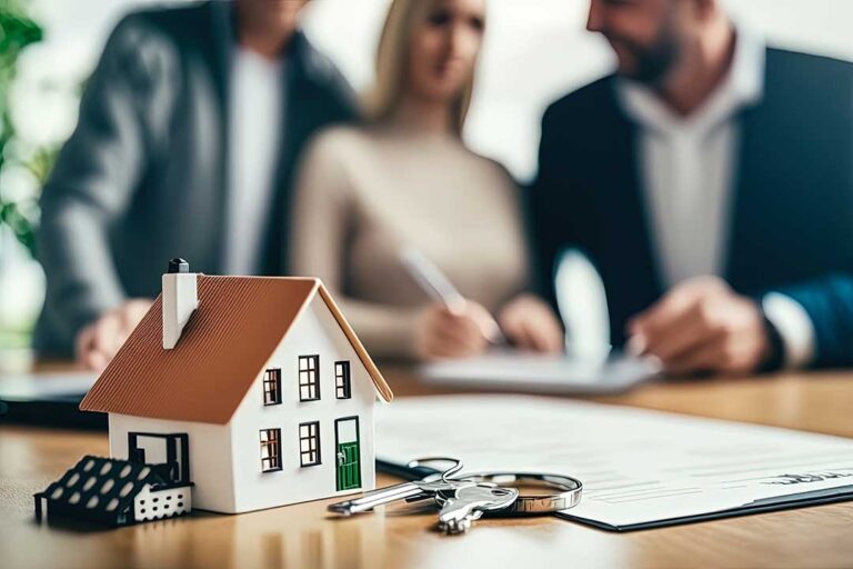 Homebuyer reviewing property documents with a real estate agent at a kitchen table.